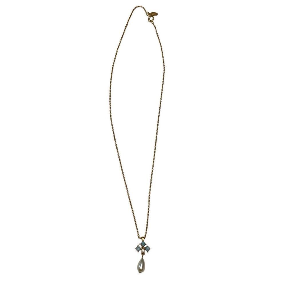 Vintage Avon Gold Tone Cross Pearl Drop Necklace Blue Stone Pendant 17 In Chain